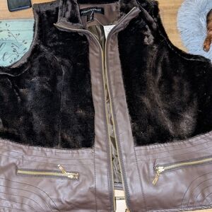 Ashley Stewart Faux Fur & Leather-Look Vest in Dark Brown